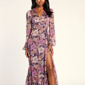 Lulu's Purple and Pink Floral Long Sleeve Maxi Dress